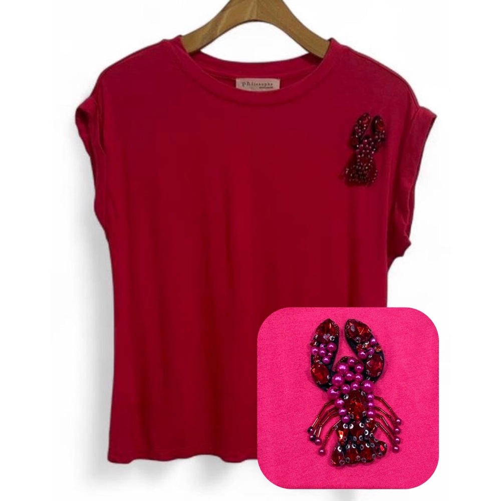 Philosophy Hot Pink Short Sleeve Tee with Beaded Lobster Accent - Size Small